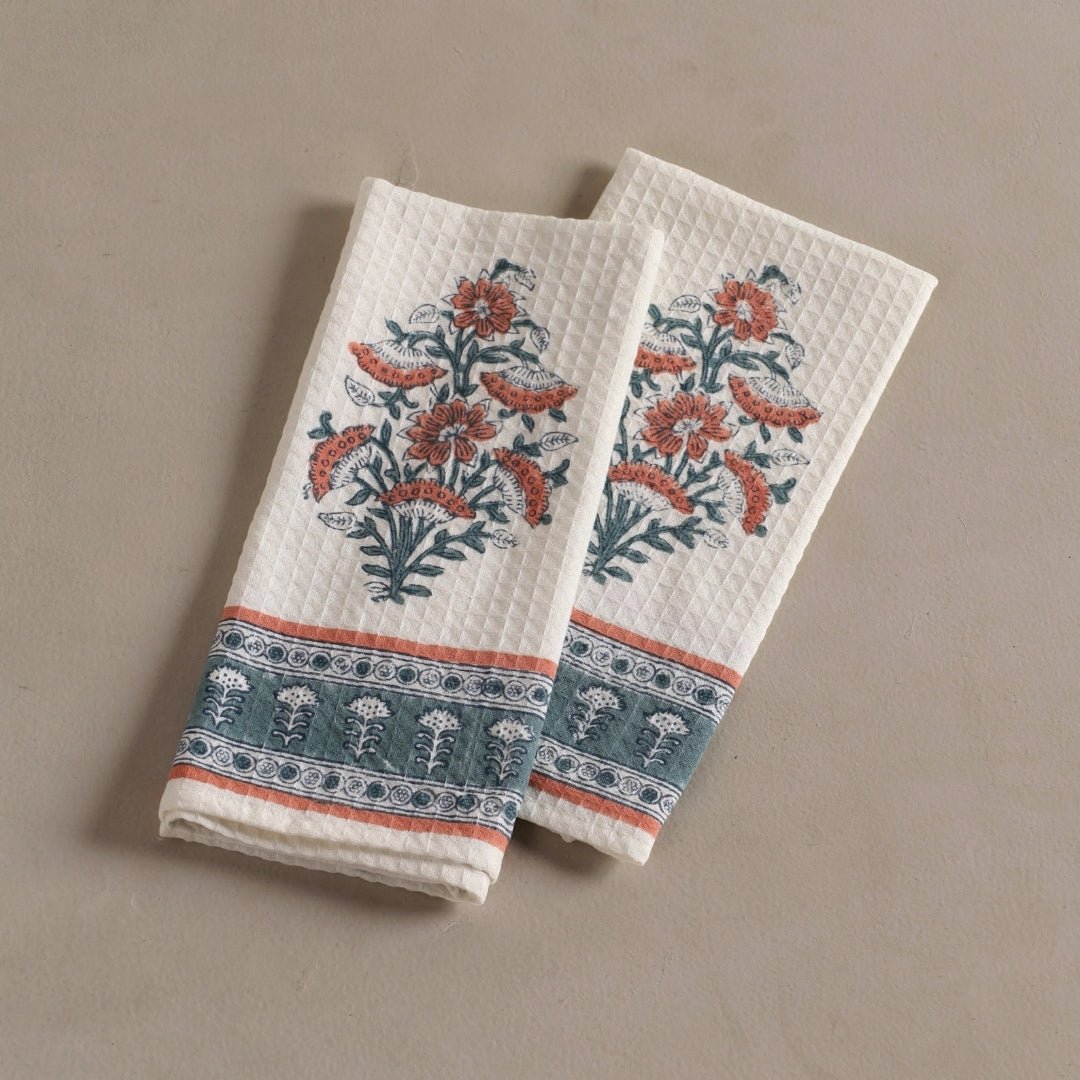 Pure Cotton Hand and Bath Towel Set | Hand Block Printed In Peach And Teal | Handmade In India (Copy)