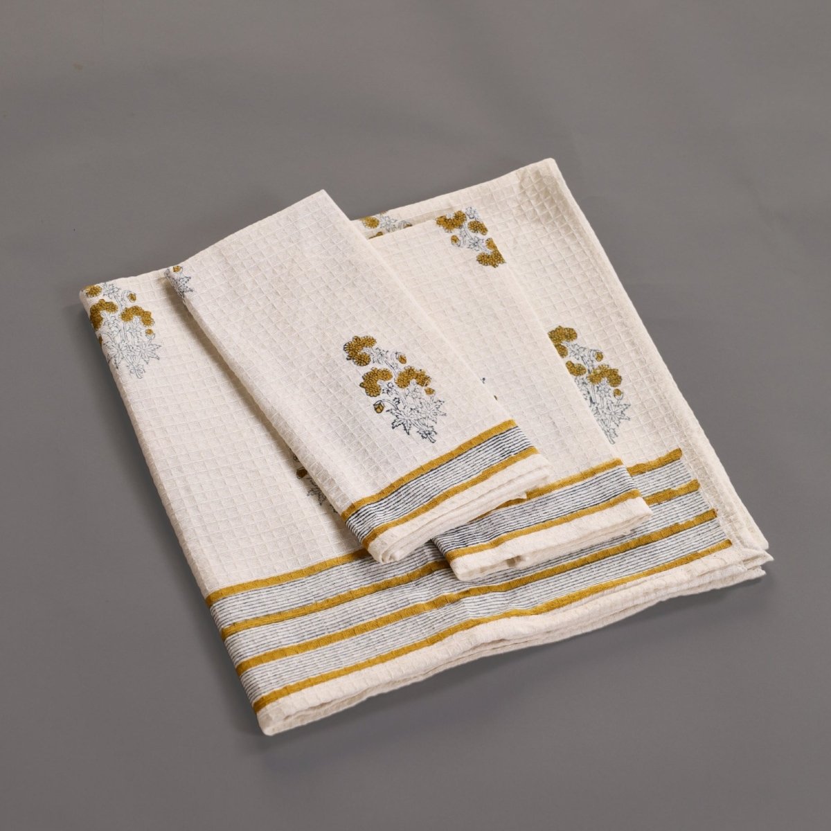 Pure Cotton Hand and Bath Towel Set | Hand Block Printed In Yellow Floral Pattern | Handmade in India