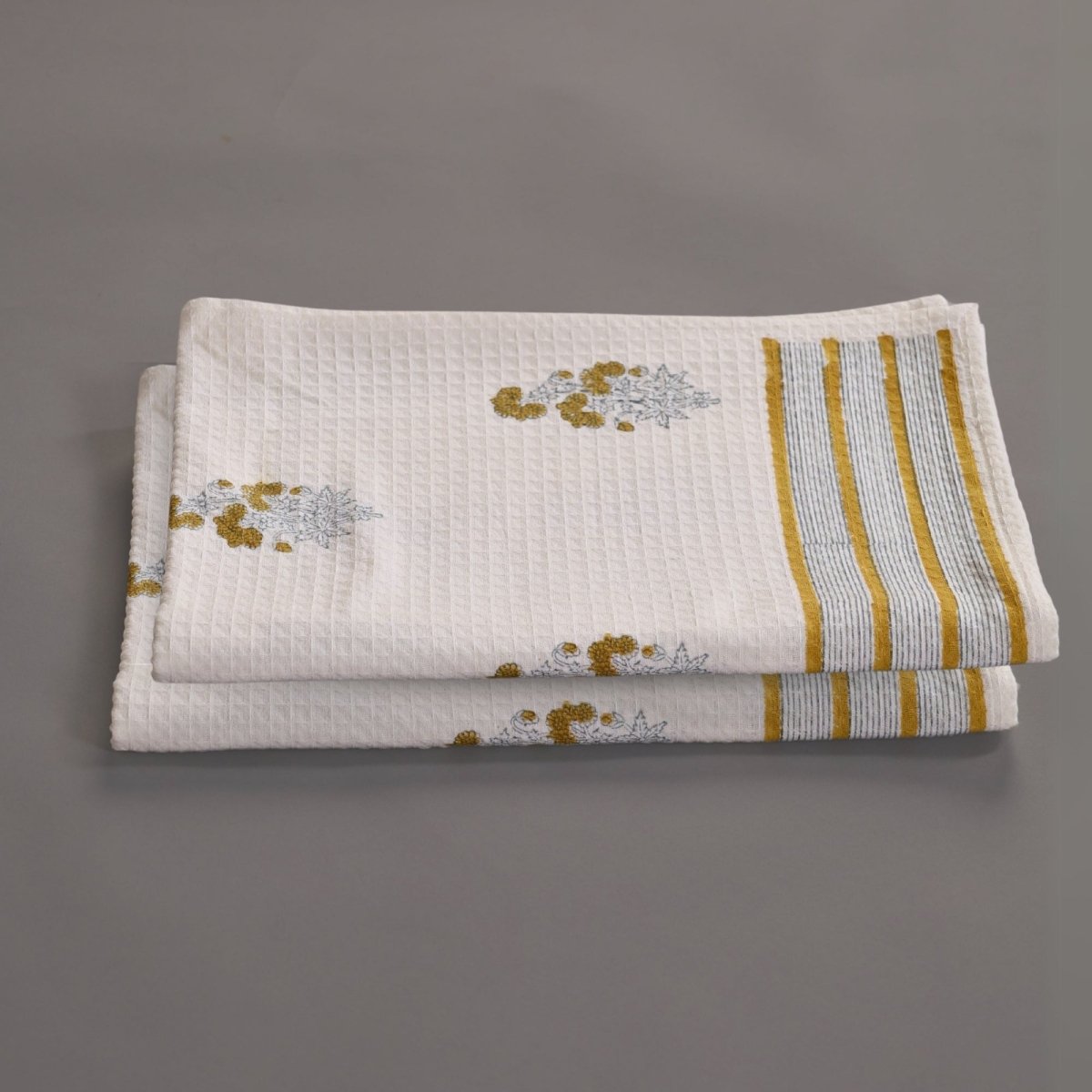 Pure Cotton Hand and Bath Towel Set | Hand Block Printed In Yellow Floral Pattern | Handmade in India