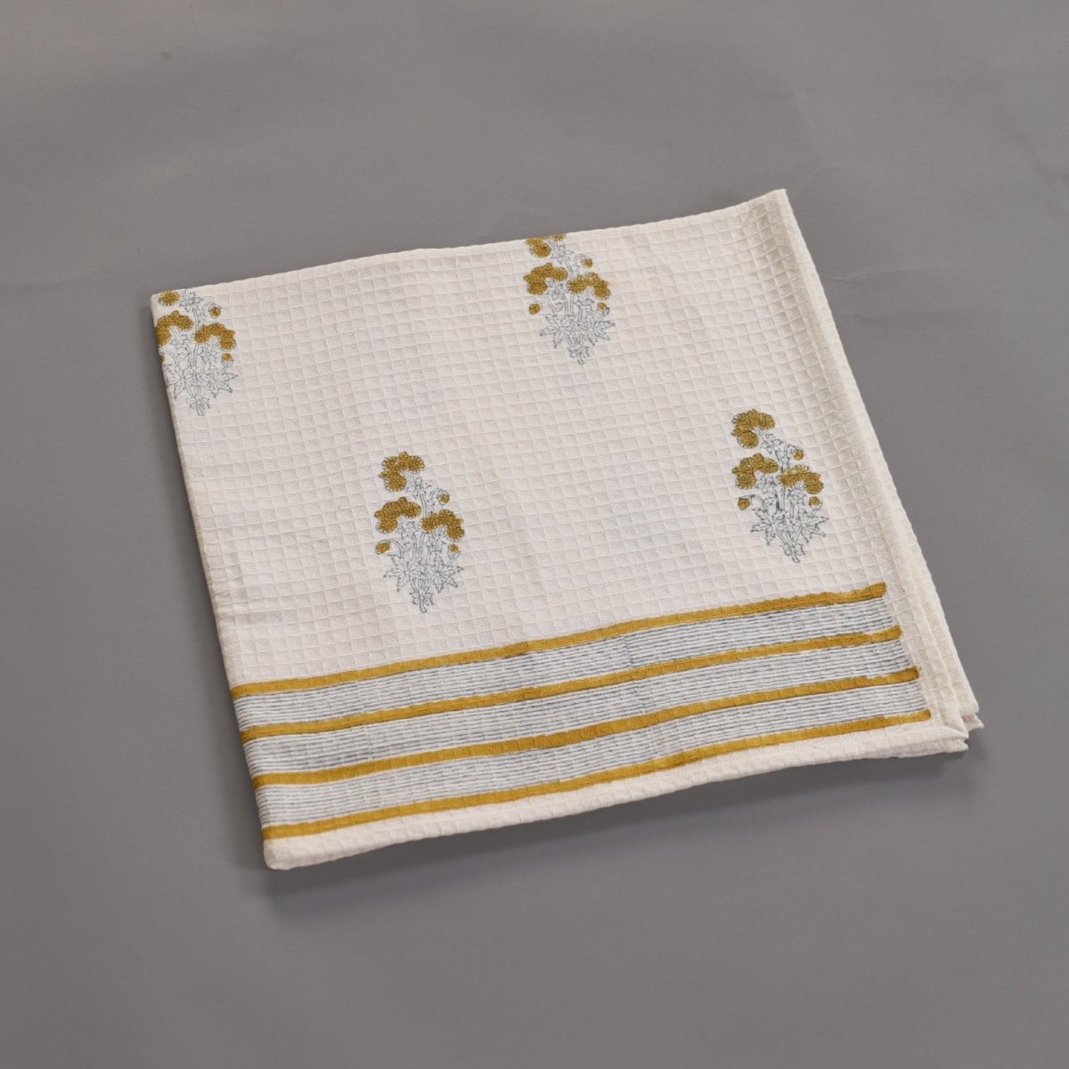 Pure Cotton Hand and Bath Towel Set | Hand Block Printed In Yellow Floral Pattern | Handmade in India