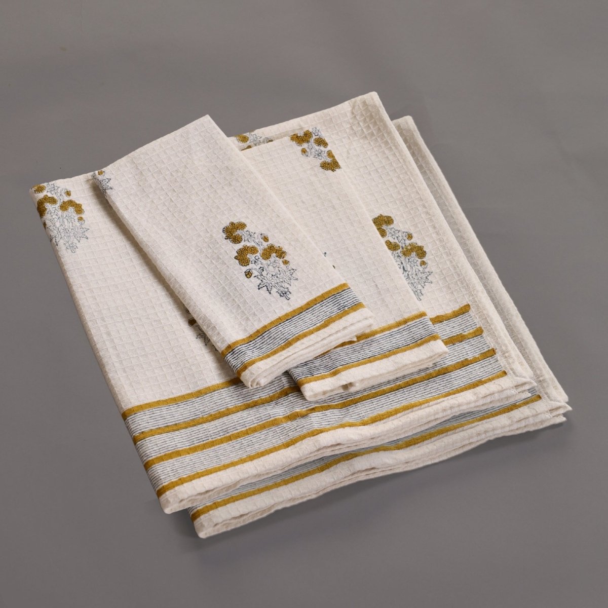 Pure Cotton Hand and Bath Towel Set | Hand Block Printed In Yellow Floral Pattern | Handmade in India