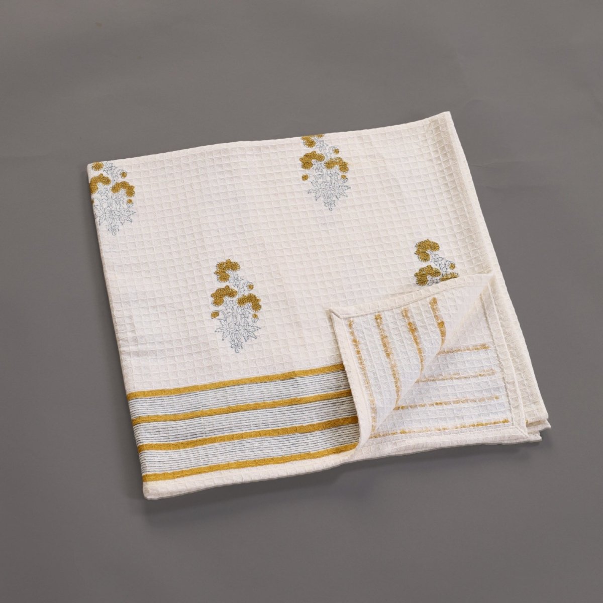 Pure Cotton Hand and Bath Towel Set | Hand Block Printed In Yellow Floral Pattern | Handmade in India