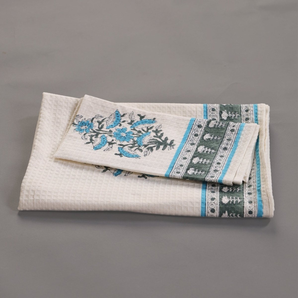 Pure Cotton Hand and Bath Towel Set | Handprinted Floral Pattern In Off White, Blue & Teal | Handmade in India