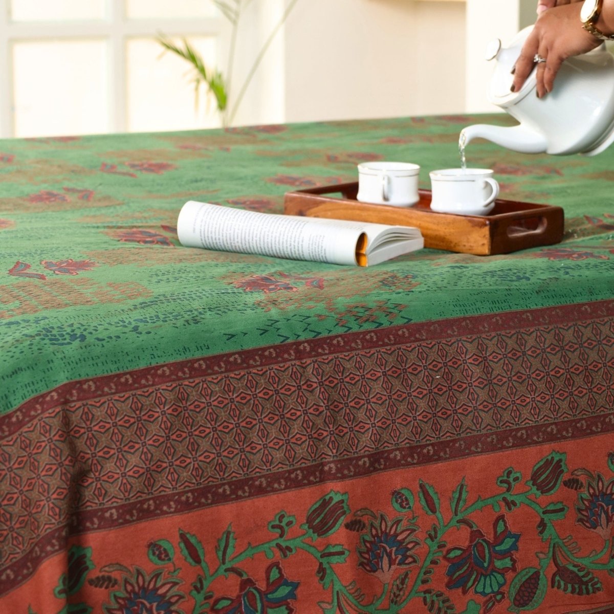 Pure Cotton Queen Size Bed Cover in Green and Brick Red | Without Pillow Cover | Chintz Collection