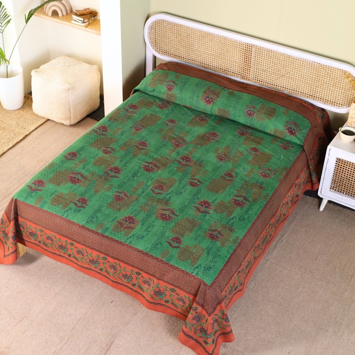 Pure Cotton Queen Size Bed Cover in Green and Brick Red | Without Pillow Cover | Chintz Collection