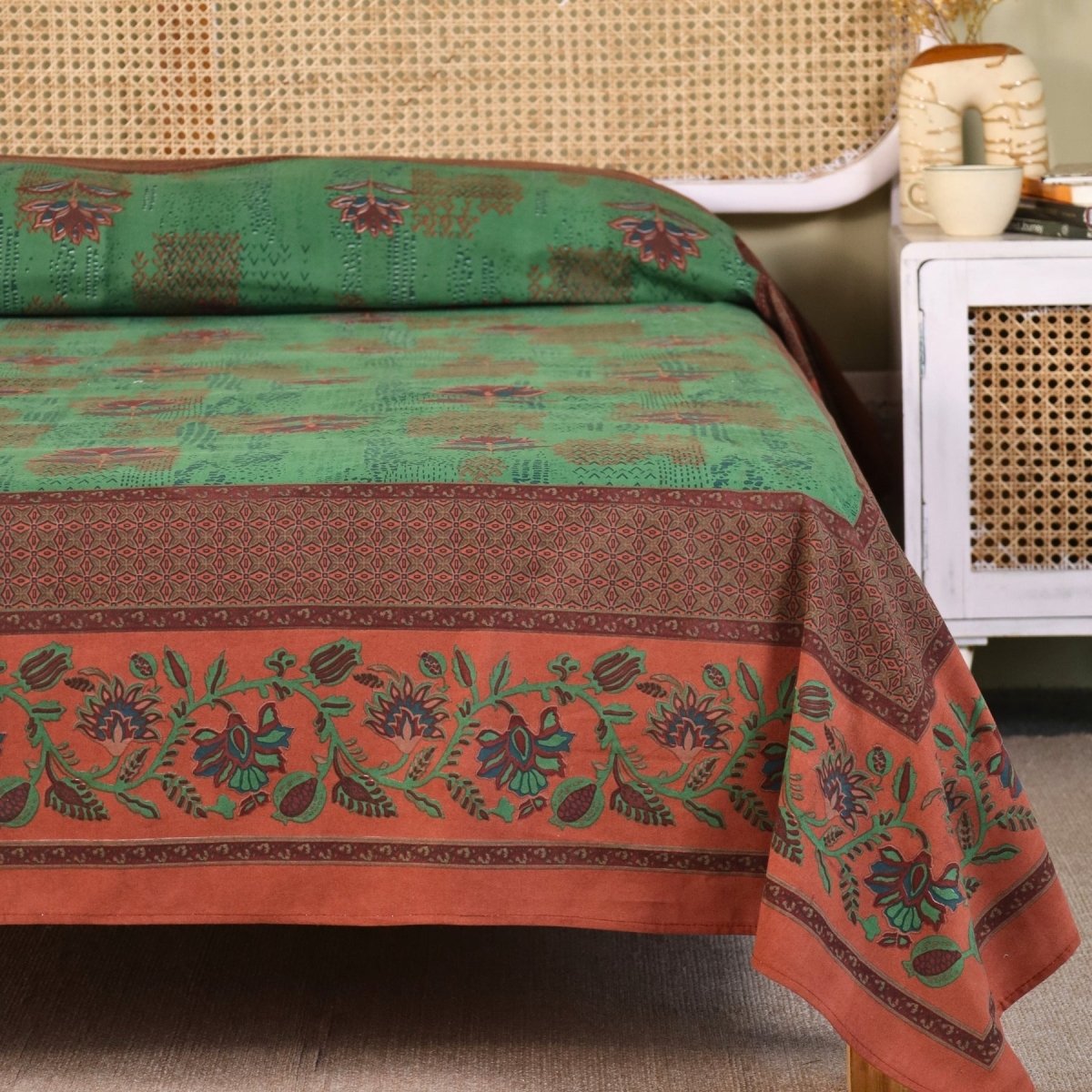 Pure Cotton Queen Size Bed Cover in Green and Brick Red | Without Pillow Cover | Chintz Collection
