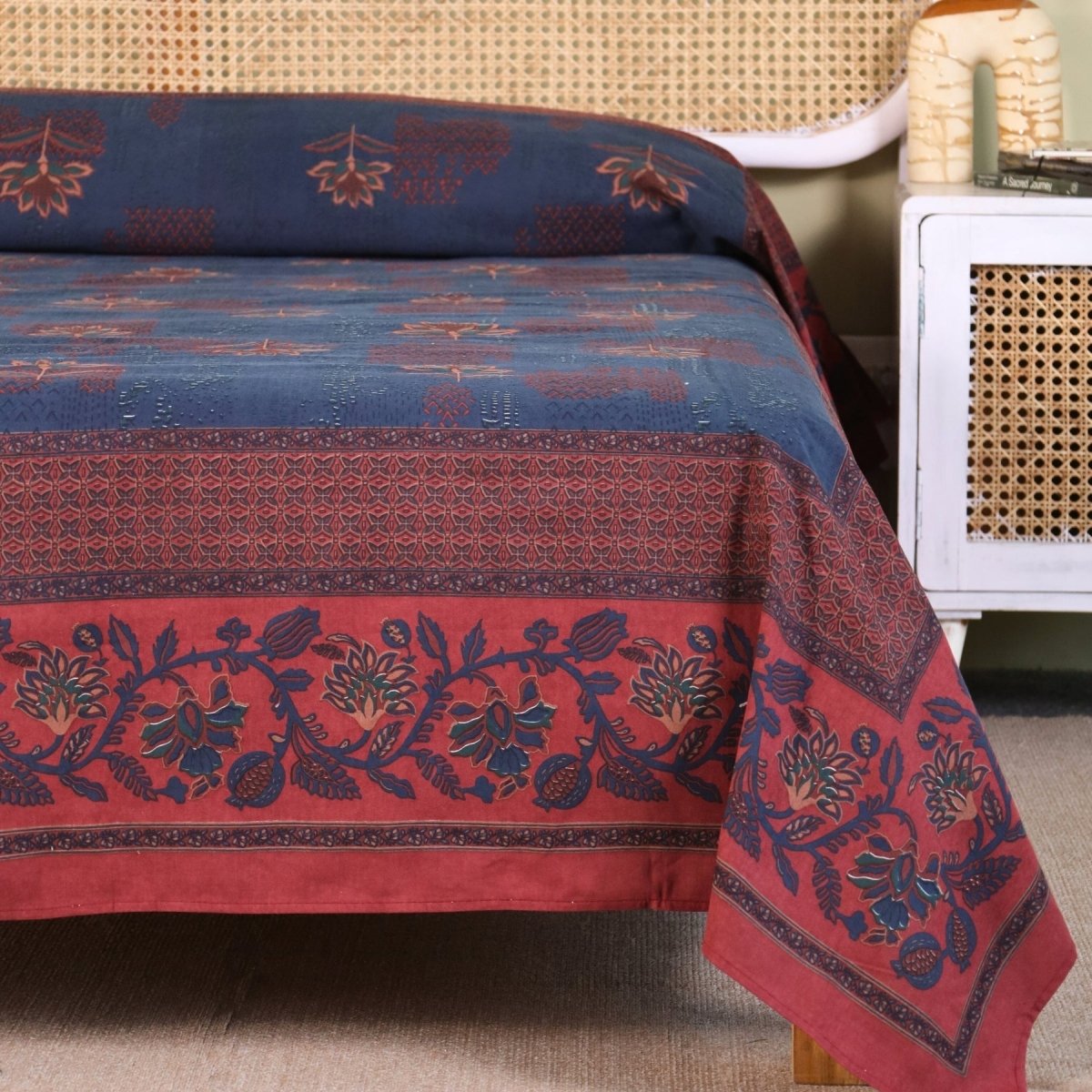 Pure Cotton Queen Size Bed Cover in Navy Blue and Brick Red | Without Pillow Cover | Chintz Collection