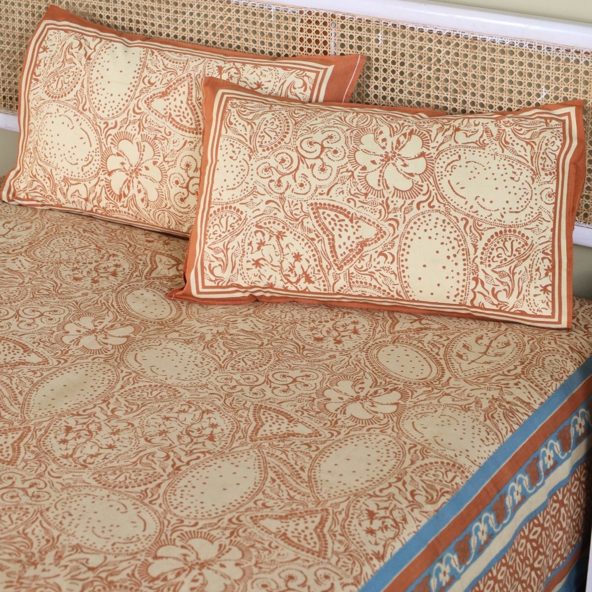 Pure Cotton Queen Size Bed Sheet with 2 Matching Pillow Covers in Ivory Brick Red and Navy Blue Colour | Machine washable | Chintz Collection