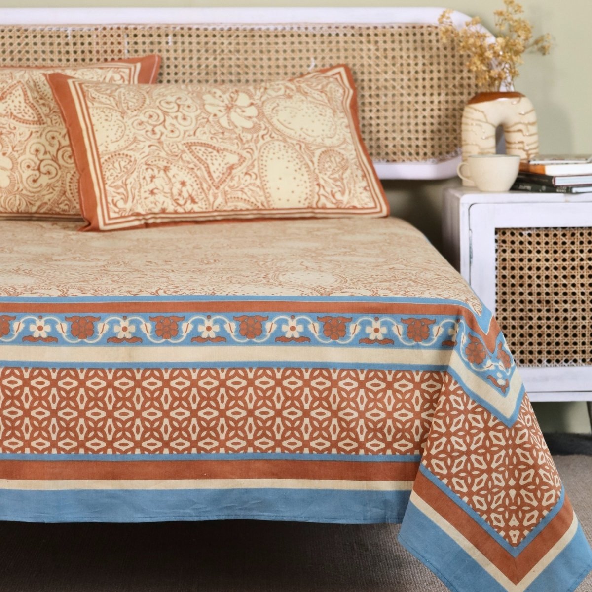 Pure Cotton Queen Size Bed Sheet with 2 Matching Pillow Covers in Ivory Brick Red and Navy Blue Colour | Machine washable | Chintz Collection