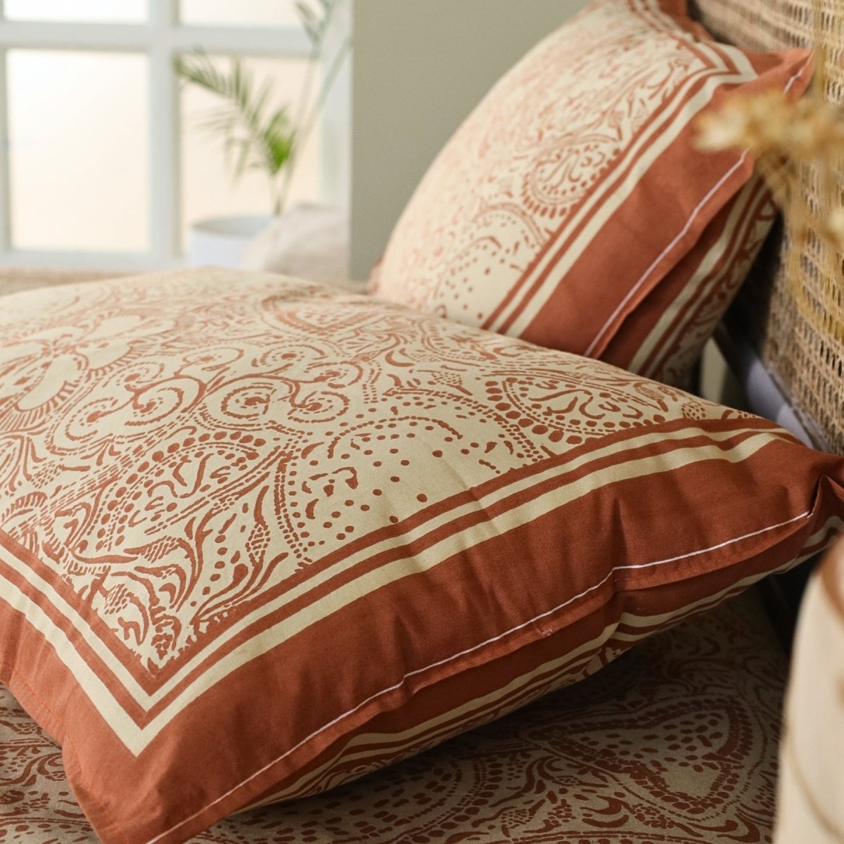 Pure Cotton Queen Size Bed Sheet with 2 Matching Pillow Covers in Ivory Brick Red and Navy Blue Colour | Machine washable | Chintz Collection