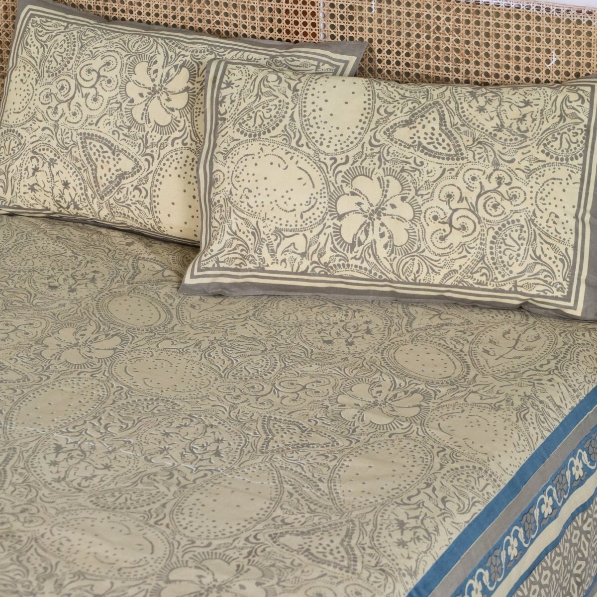 Pure Cotton Queen Size Bed Sheet with 2 Matching Pillow Covers in Ivory | Taupe and Navy Blue Colour | Machine washable | Chintz Collection