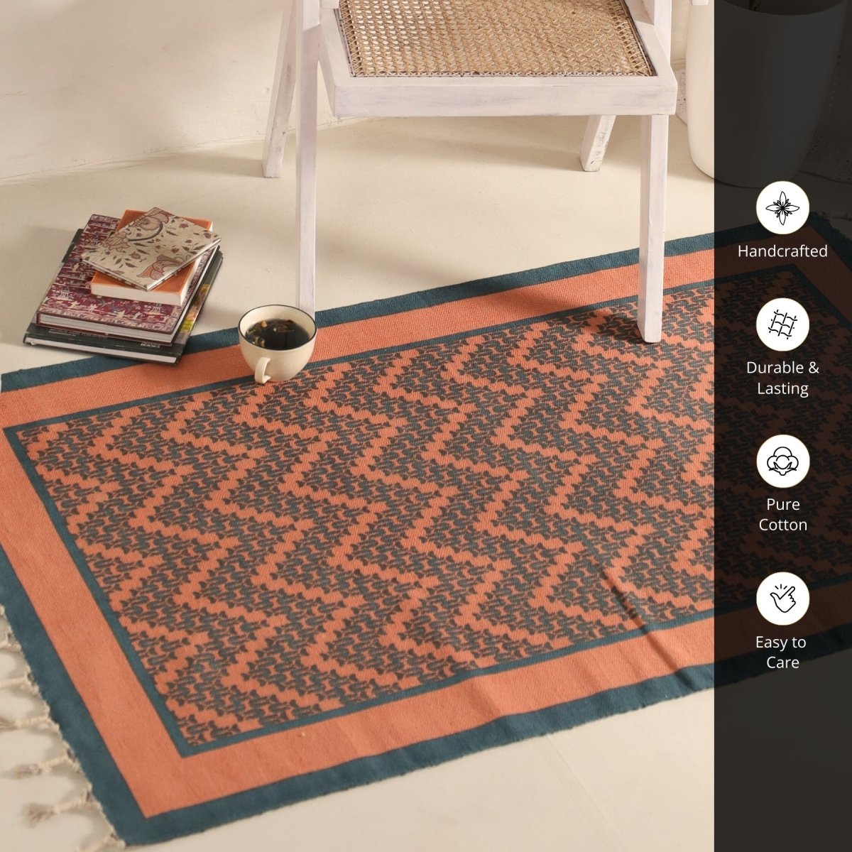 Pure Cotton Rug in size 3X5ft in Coral and Teal Chevron Pattern | Ideal for Living Room and Bedroom | Dry Clean only | Chintz Collection