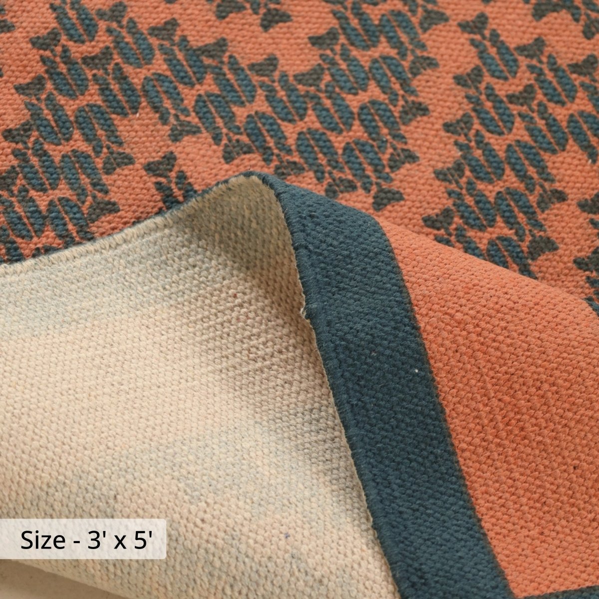 Pure Cotton Rug in size 3X5ft in Coral and Teal Chevron Pattern | Ideal for Living Room and Bedroom | Dry Clean only | Chintz Collection