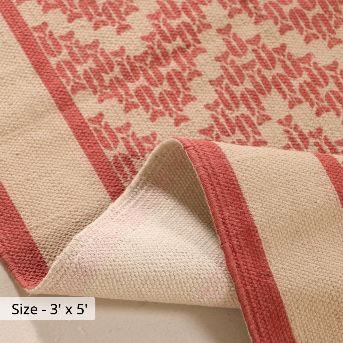 Pure Cotton Rug in size 3X5ft in Ivory and Coral Chevron Pattern | Ideal for Living Room and Bedroom | Dry Clean only | Chintz Collection