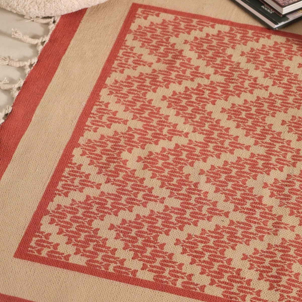 Pure Cotton Rug in size 3X5ft in Ivory and Coral Chevron Pattern | Ideal for Living Room and Bedroom | Dry Clean only | Chintz Collection