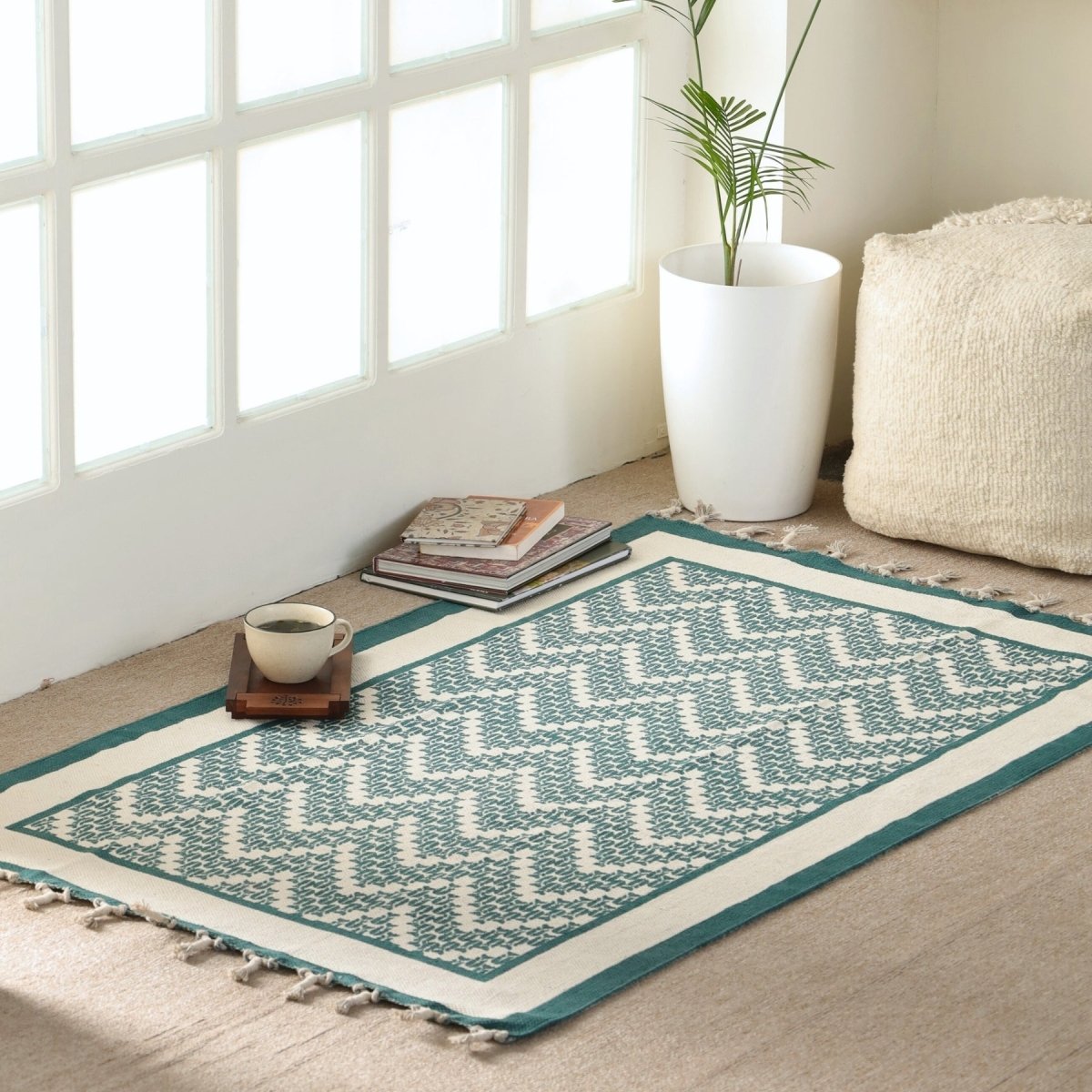 Pure Cotton Rug in size 3X5ft in Ivory and Green Chevron Pattern | Ideal for Living Room and Bedroom | Dry Clean only | Chintz Collection