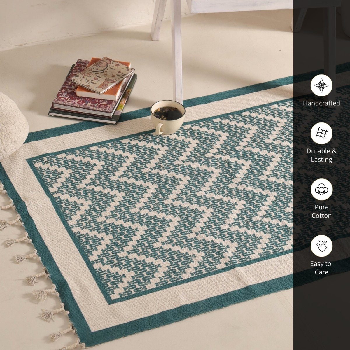Pure Cotton Rug in size 3X5ft in Ivory and Green Chevron Pattern | Ideal for Living Room and Bedroom | Dry Clean only | Chintz Collection