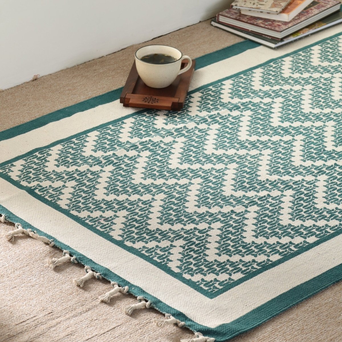 Pure Cotton Rug in size 3X5ft in Ivory and Green Chevron Pattern | Ideal for Living Room and Bedroom | Dry Clean only | Chintz Collection
