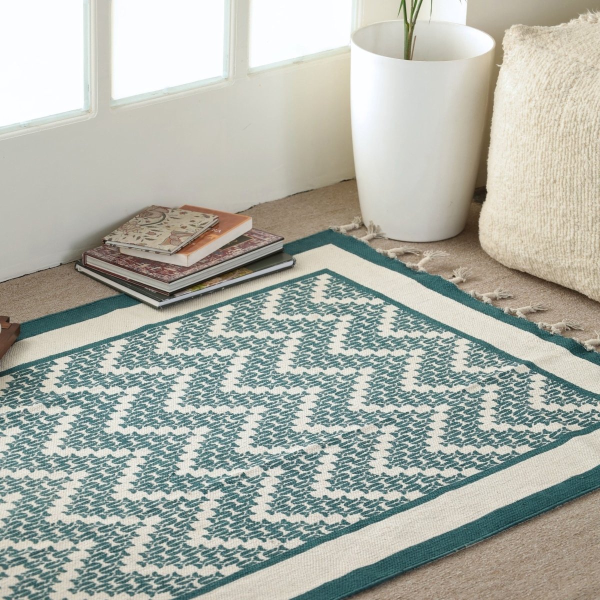 Pure Cotton Rug in size 3X5ft in Ivory and Green Chevron Pattern | Ideal for Living Room and Bedroom | Dry Clean only | Chintz Collection