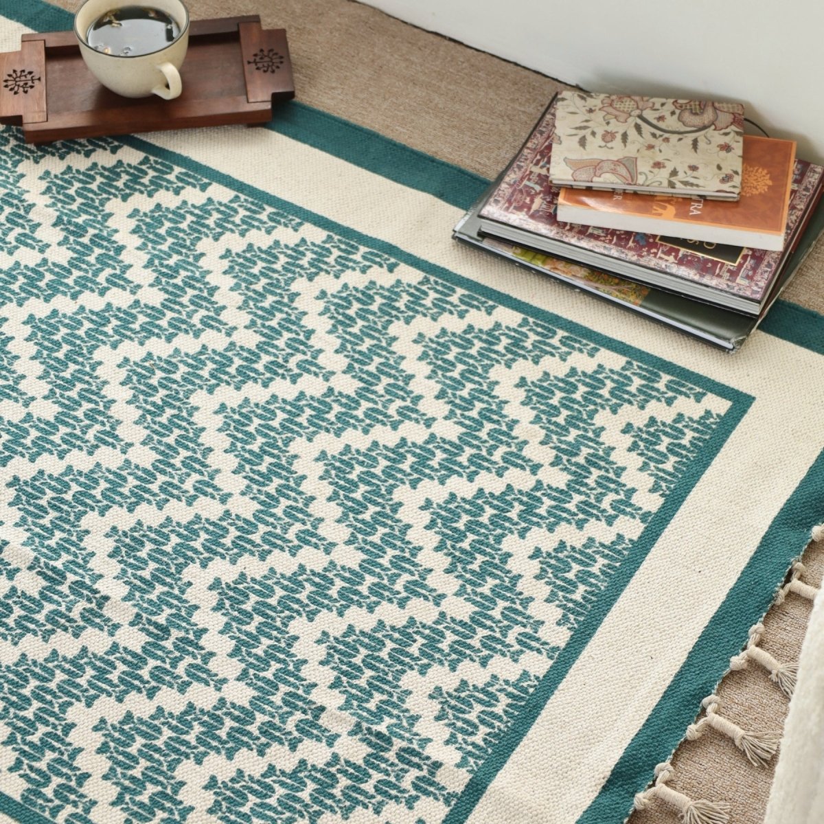 Pure Cotton Rug in size 3X5ft in Ivory and Green Chevron Pattern | Ideal for Living Room and Bedroom | Dry Clean only | Chintz Collection