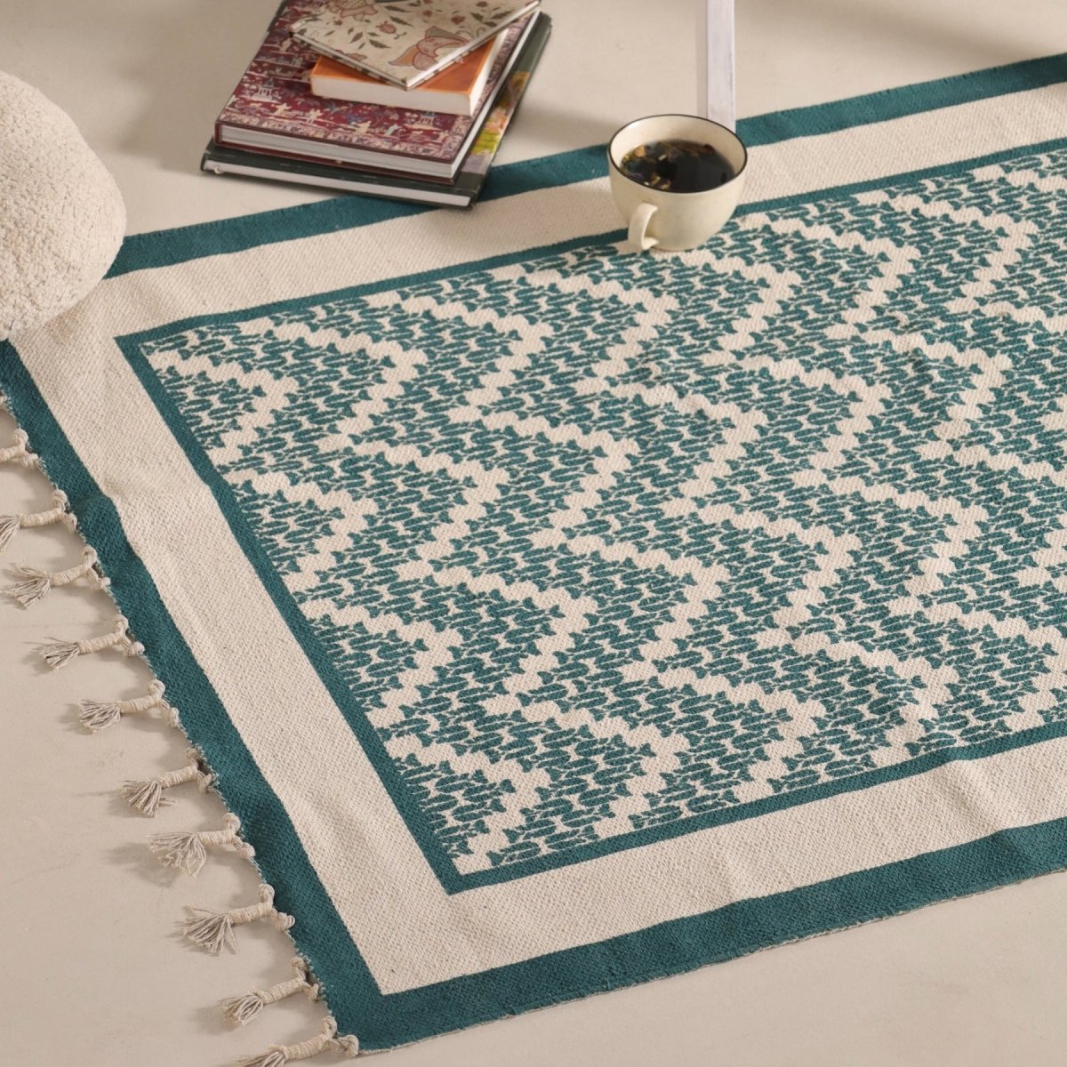 Pure Cotton Rug in size 3X5ft in Ivory and Green Chevron Pattern | Ideal for Living Room and Bedroom | Dry Clean only | Chintz Collection