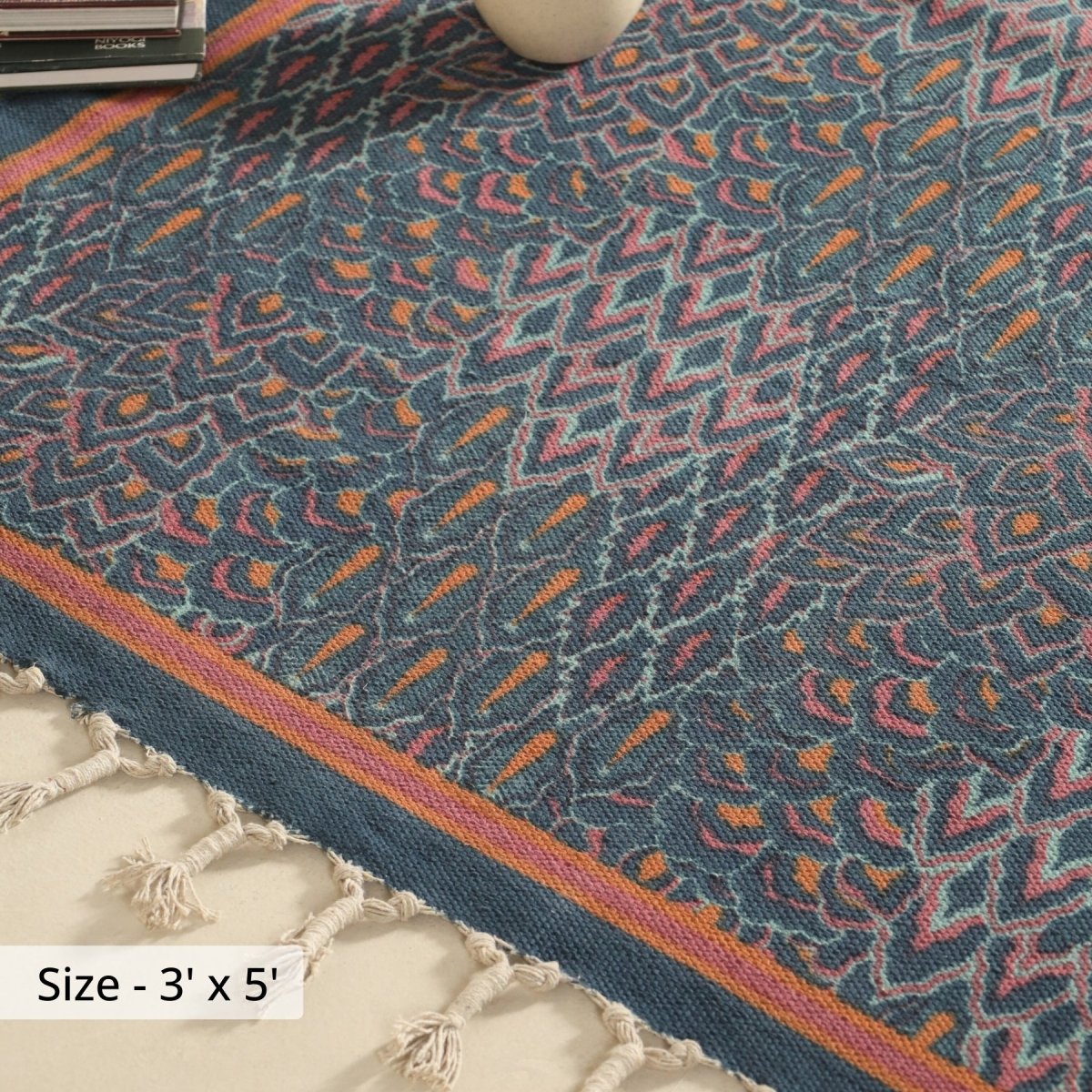 Pure Cotton Rug in size 3X5ft in Navy| Coral and Powder Blue| Ideal for Living Room or Bedroom | Dry Clean only | Chintz Collection