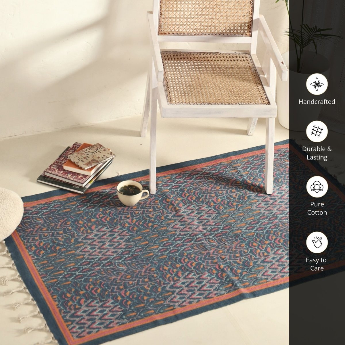 Pure Cotton Rug in size 3X5ft in Navy| Coral and Powder Blue| Ideal for Living Room or Bedroom | Dry Clean only | Chintz Collection
