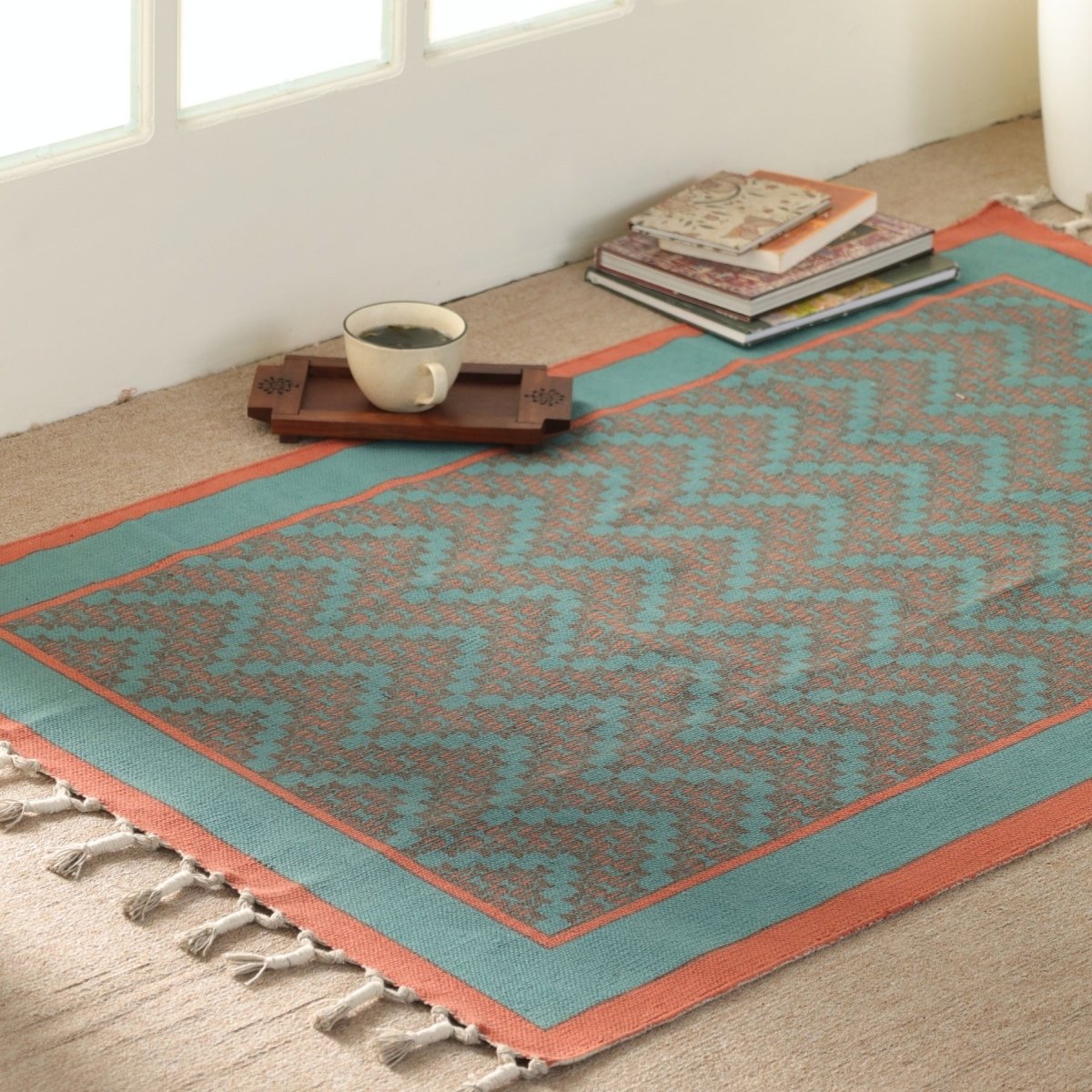 Pure Cotton Rug in size 3X5ft in Teal and Coral | Ideal for Living Room and Bedroom | Dry Clean only | Chintz Collection