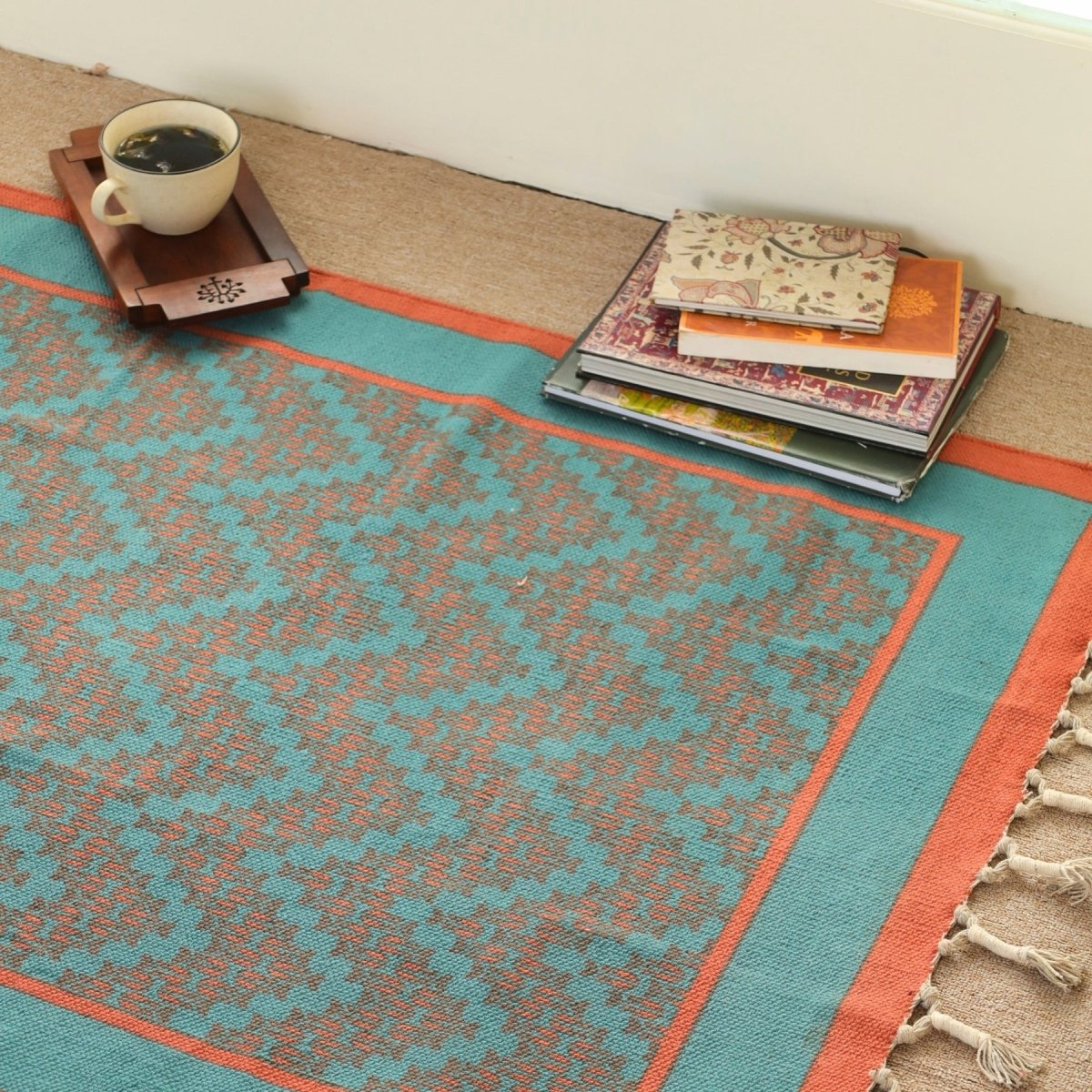 Pure Cotton Rug in size 3X5ft in Teal and Coral | Ideal for Living Room and Bedroom | Dry Clean only | Chintz Collection