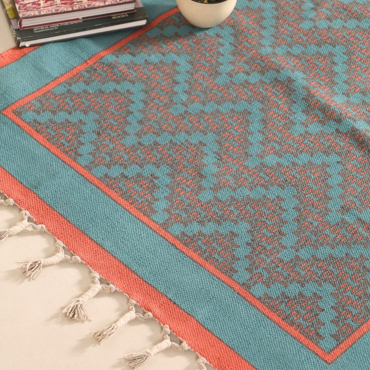 Pure Cotton Rug in size 3X5ft in Teal and Coral | Ideal for Living Room and Bedroom | Dry Clean only | Chintz Collection
