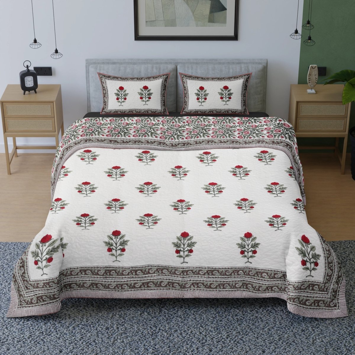 Quilted Double Bed Cover in Fine Cotton | Reversible Handprinted with Bright Floral | Handmade in India