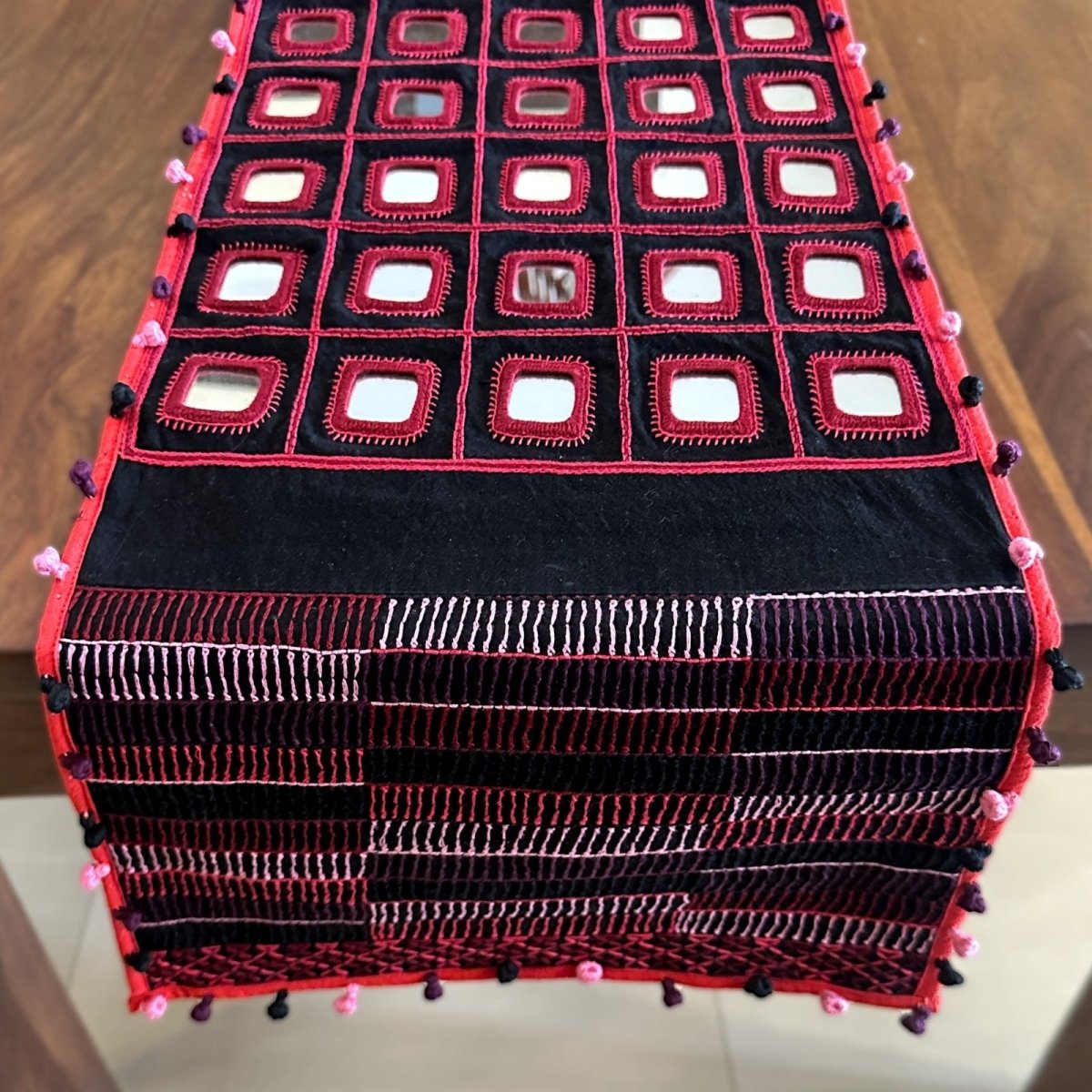 Red & Black Handwoven Mirror & Thread-Work Table Runner