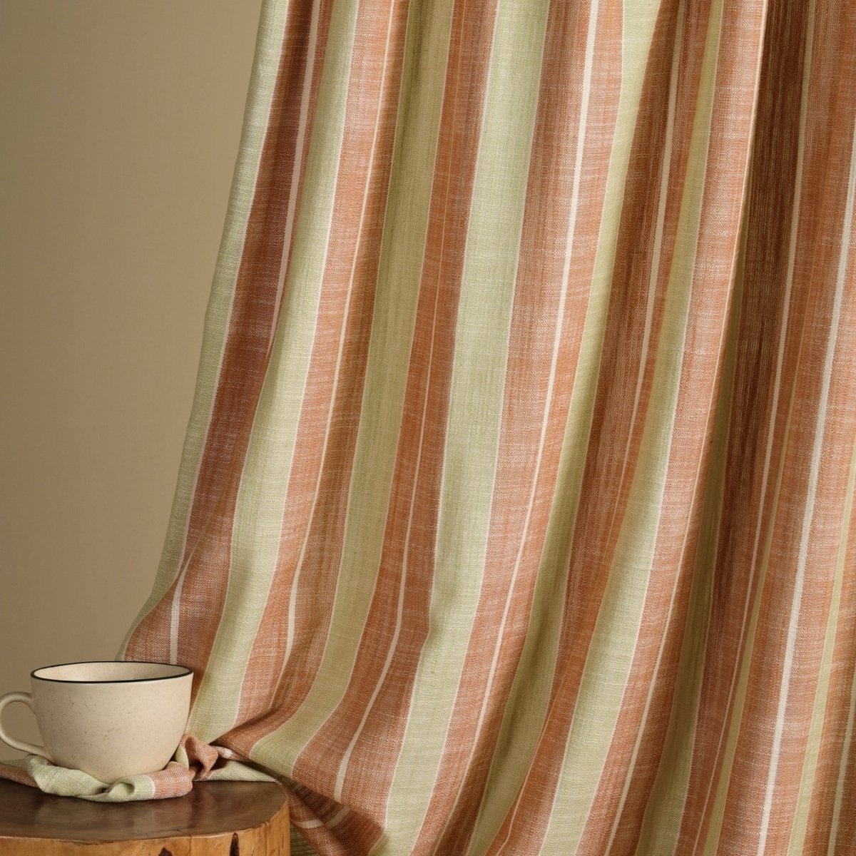 Rust & Green Handwoven Cotton Striped Curtain | 7 ft/9 ft Length