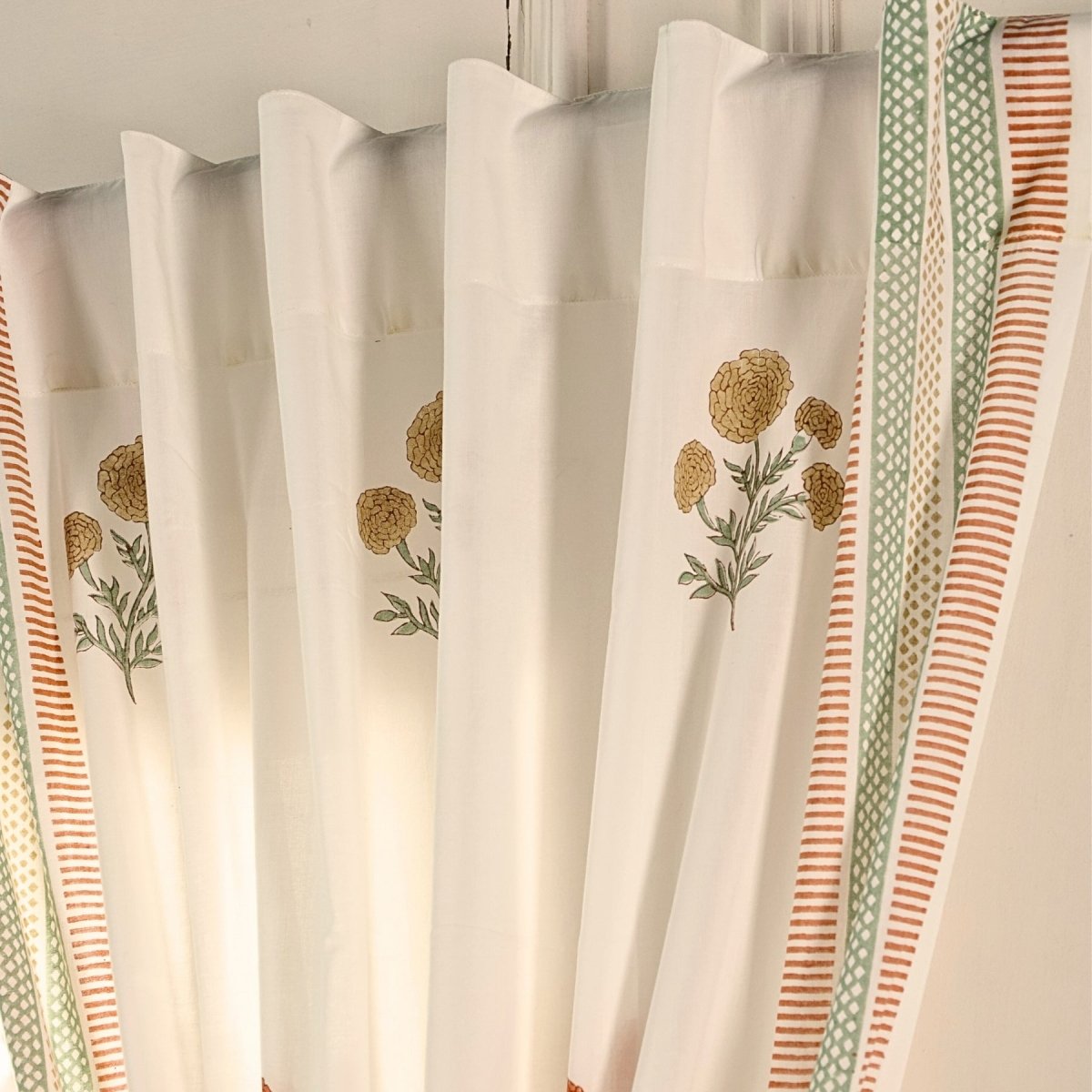 Rust, Mustard and Teal Sheer Cotton Window And Door Curtains | 5 / 7 ft | Marigold Collection