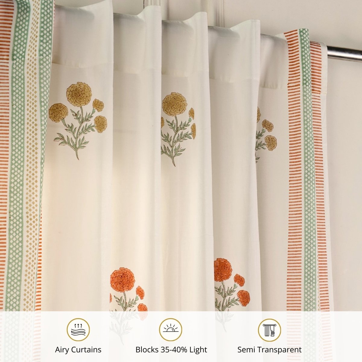 Rust, Mustard and Teal Sheer Cotton Window And Door Curtains | 5 / 7 ft | Marigold Collection