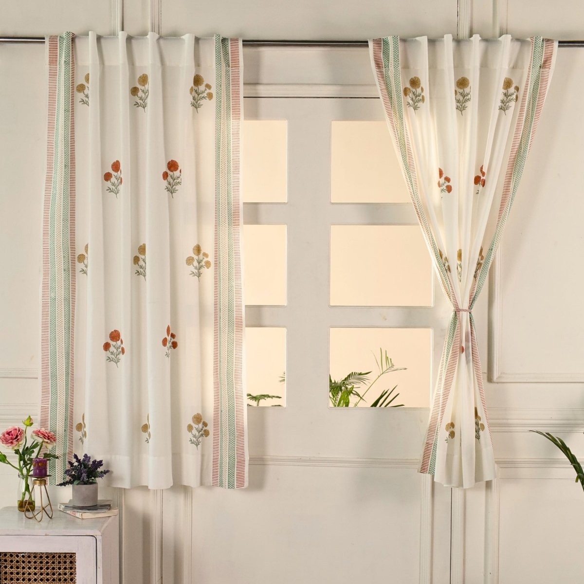 Rust, Mustard and Teal Sheer Cotton Window And Door Curtains | 5 / 7 ft | Marigold Collection