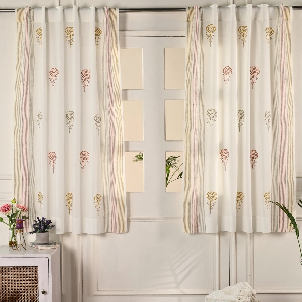 Rust, Mustard & Taupe Sheer Cotton Window And Door Curtains | 5 / 7 ft | Marigold Collection