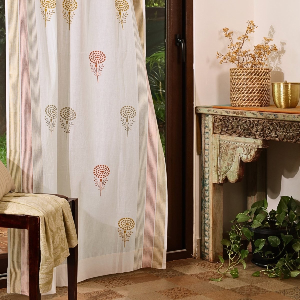 Rust, Mustard & Taupe Sheer Cotton Window And Door Curtains | 5 / 7 ft | Marigold Collection