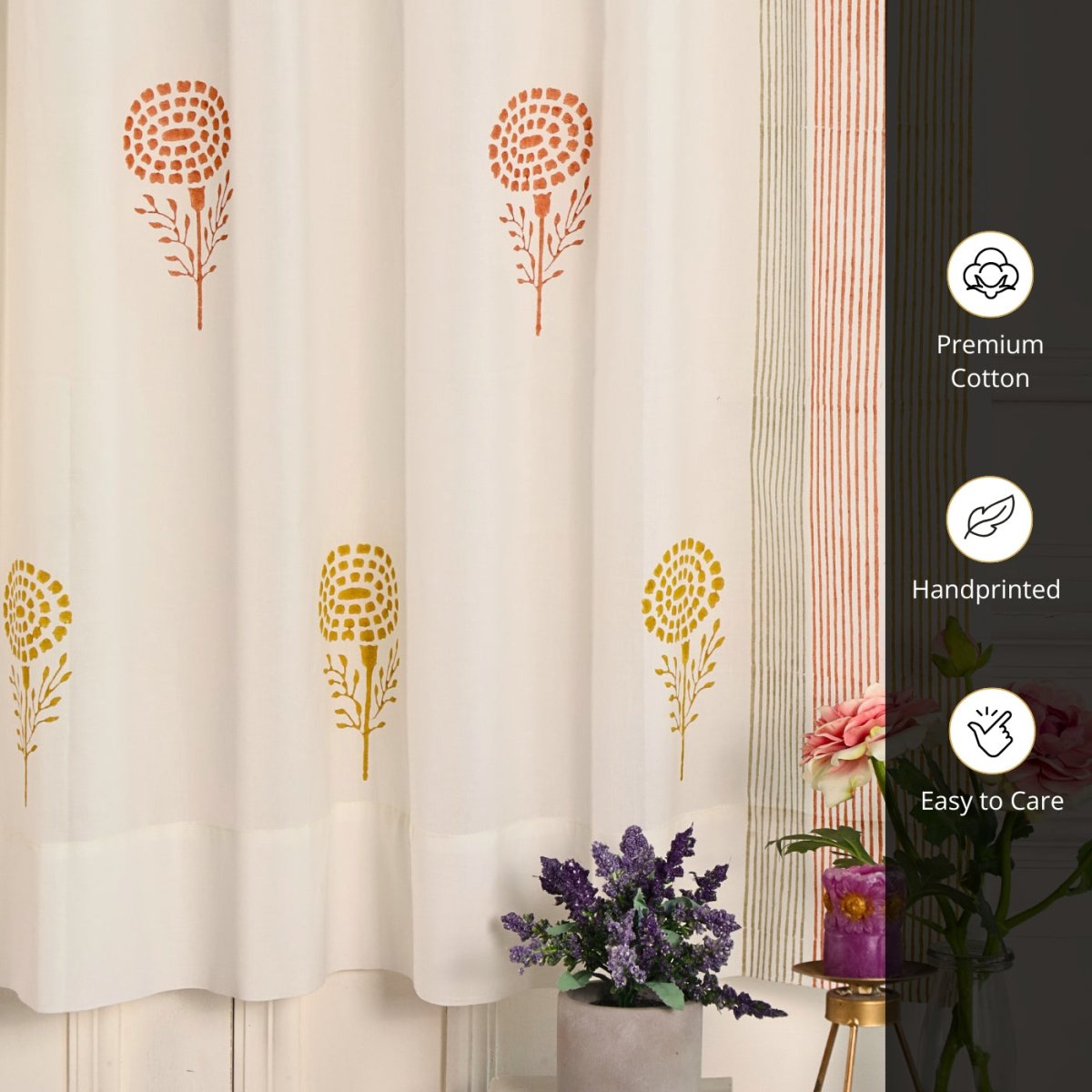 Rust, Mustard & Taupe Sheer Cotton Window And Door Curtains | 5 / 7 ft | Marigold Collection