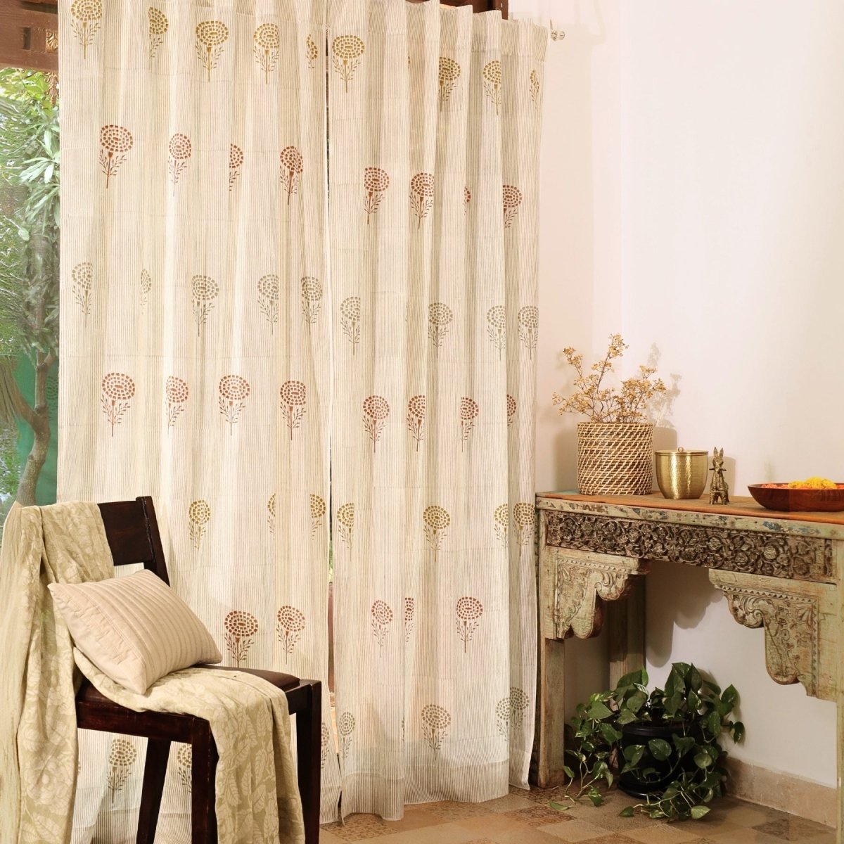 Rust, Mustard & Taupe Sheer Cotton Window And Door Curtains | 5 / 7 ft | Marigold Collection