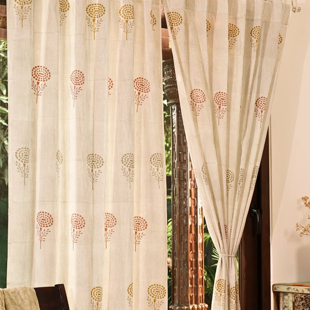 Rust, Mustard & Taupe Sheer Cotton Window And Door Curtains | 5 / 7 ft | Marigold Collection