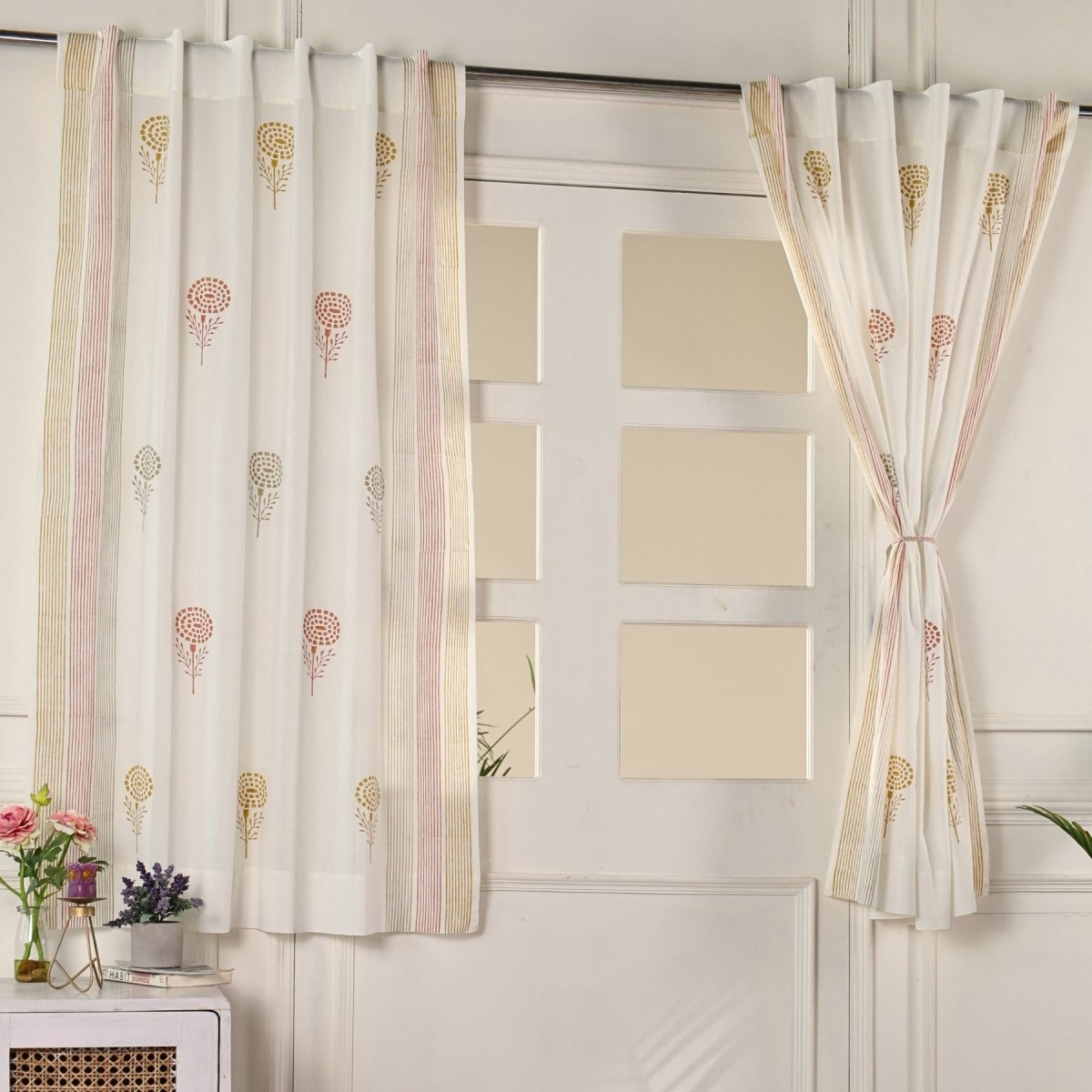 Rust, Mustard & Taupe Sheer Cotton Window And Door Curtains | 5 / 7 ft | Marigold Collection