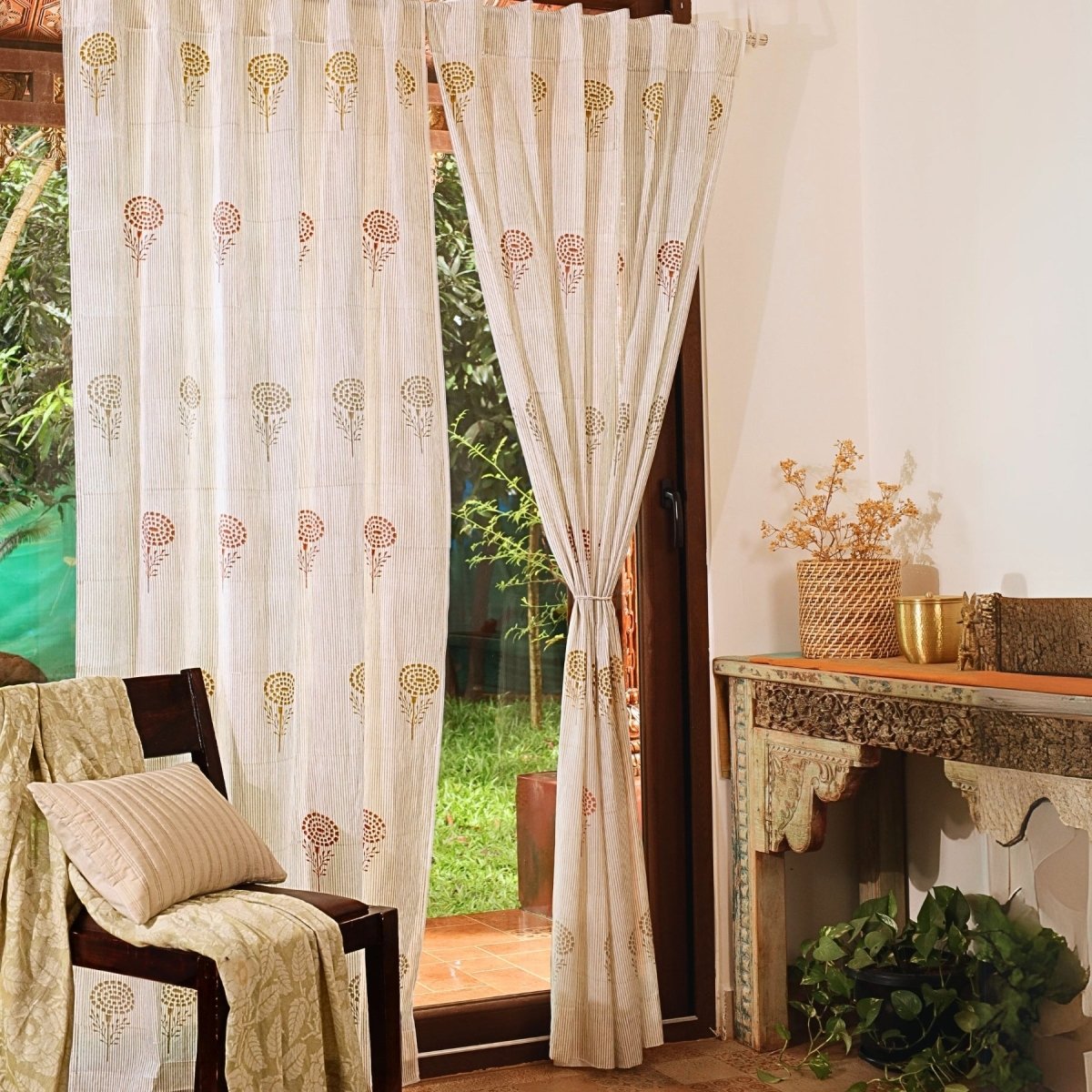 Rust, Mustard & Taupe Sheer Cotton Window And Door Curtains | 5 / 7 ft | Marigold Collection