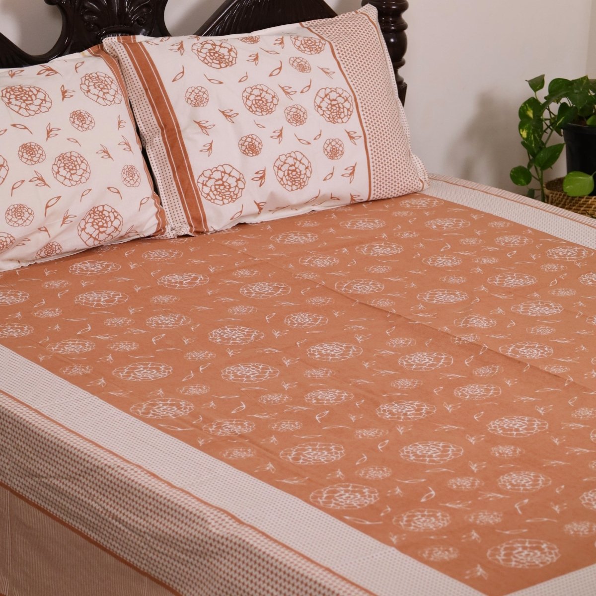 Rust & Off White Cotton Bedsheet with Pillow Cover | Marigold Collection