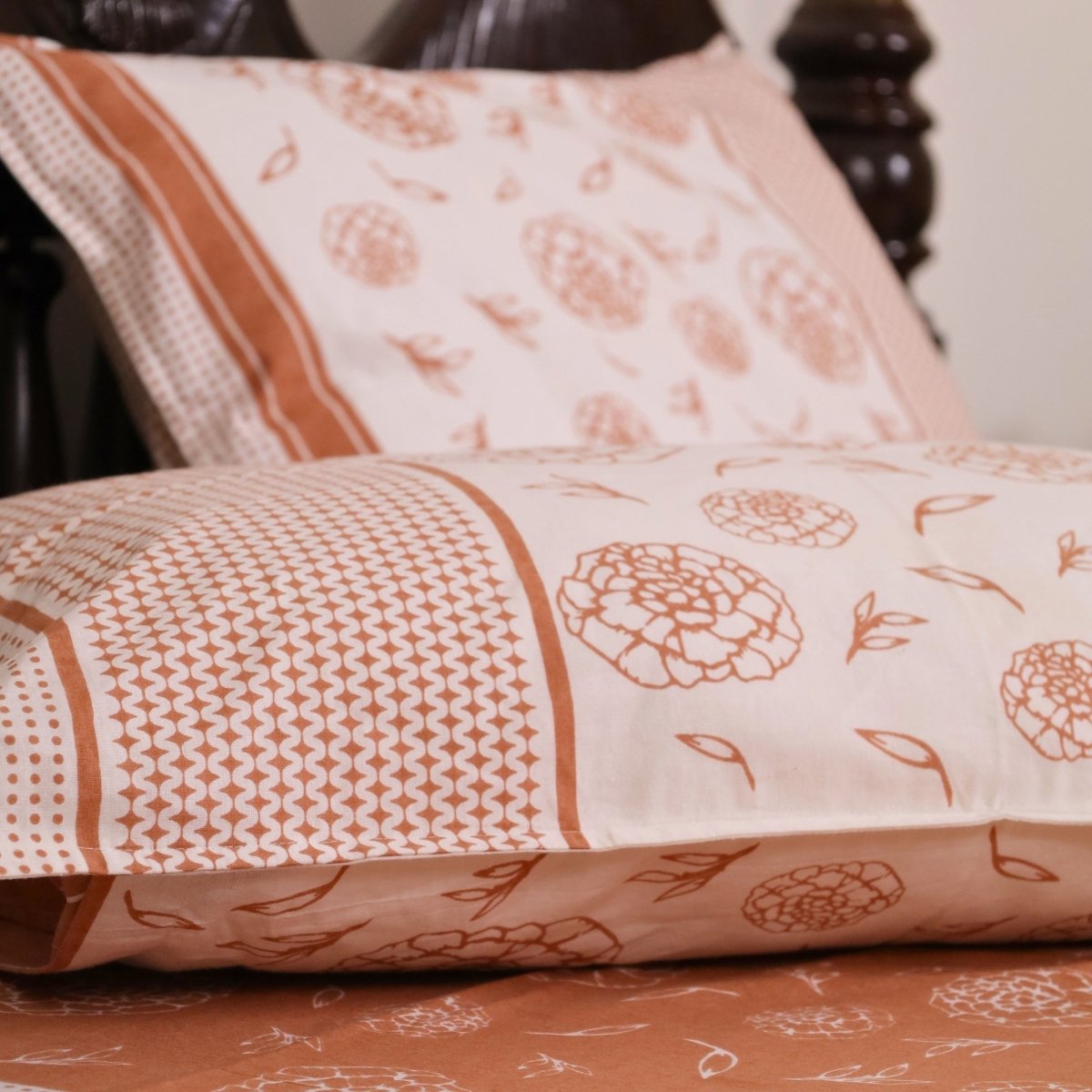 Rust & Off White Cotton Bedsheet with Pillow Cover | Marigold Collection