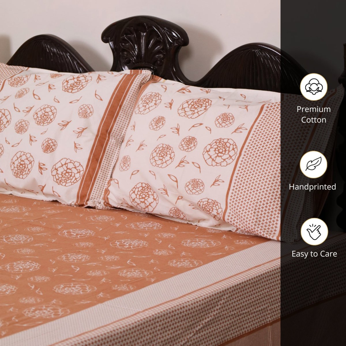 Rust & Off White Cotton Bedsheet with Pillow Cover | Marigold Collection