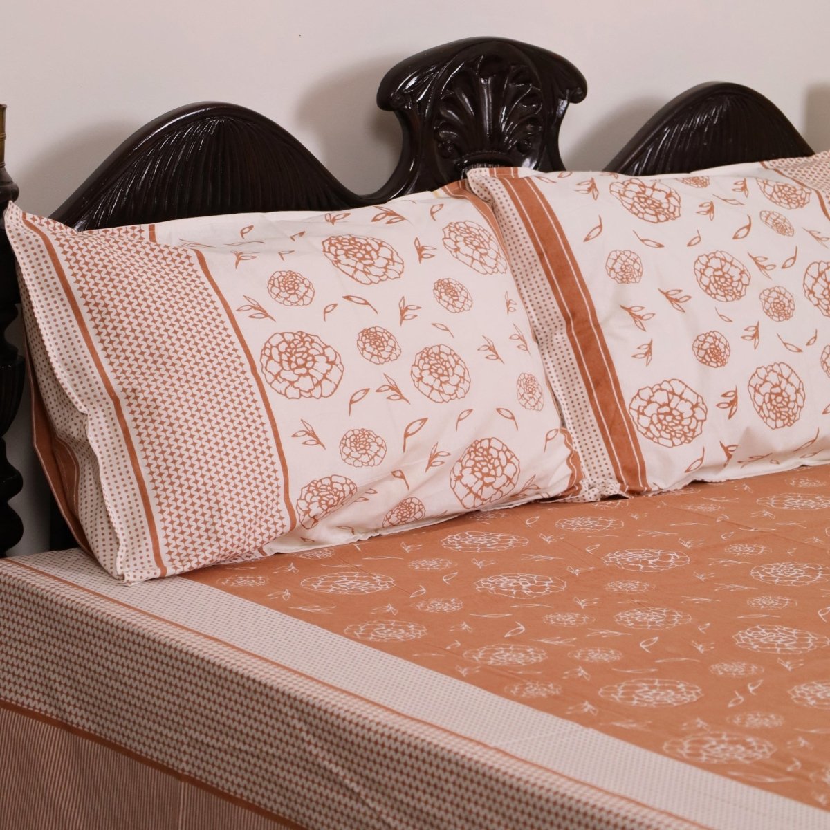 Rust & Off White Cotton Bedsheet with Pillow Cover | Marigold Collection