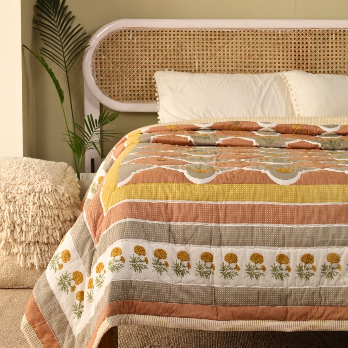 Rust & Taupe Handprinted Quilt | Single, Queen Bed Quilt | Marigold Collection