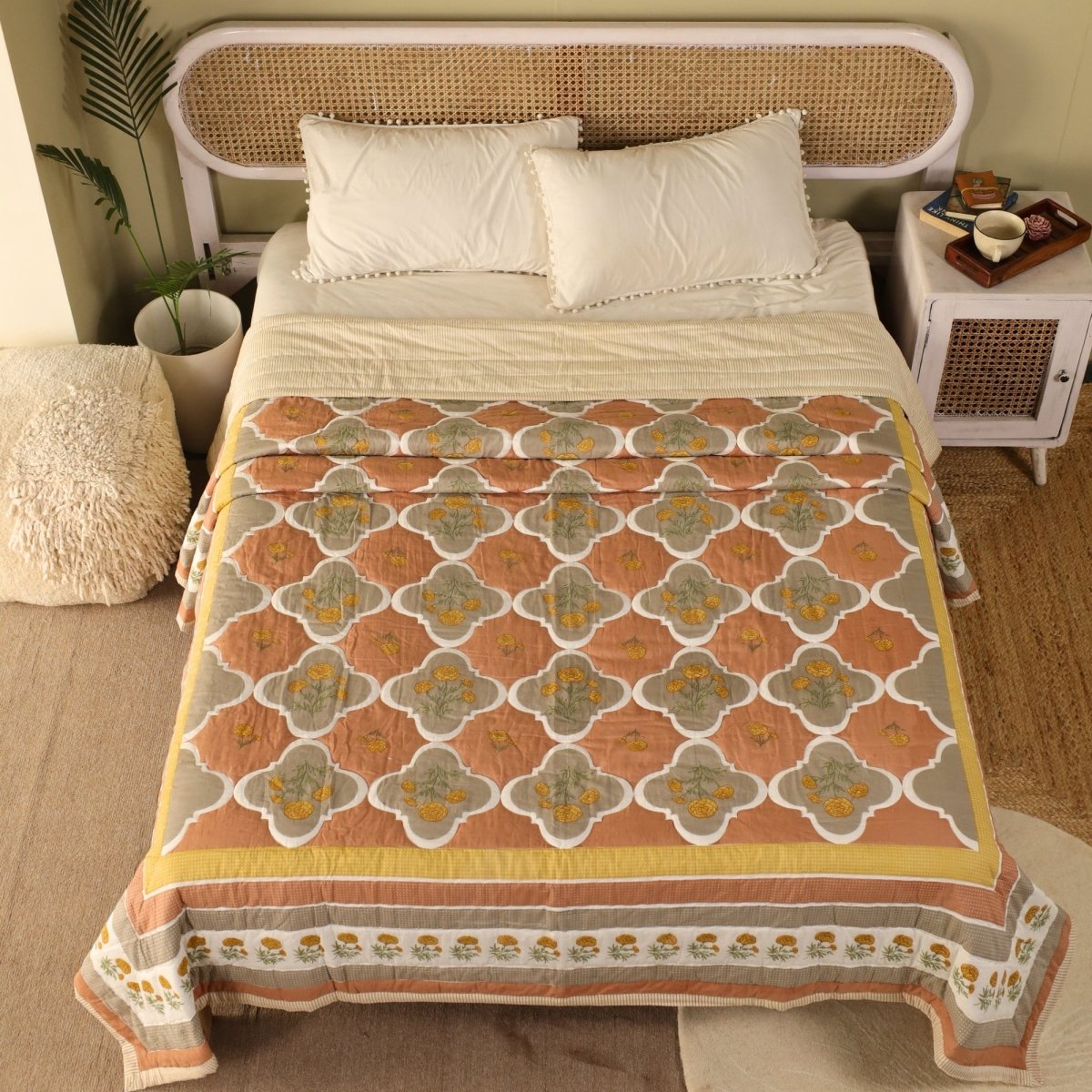 Rust & Taupe Handprinted Quilt | Single, Queen Bed Quilt | Marigold Collection
