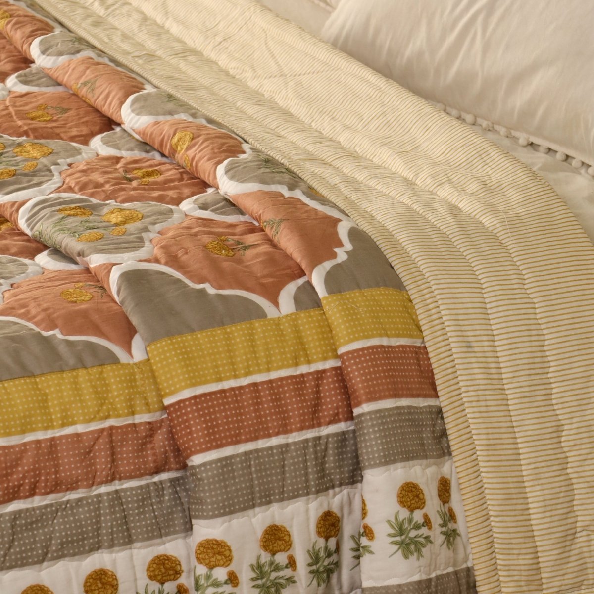 Rust & Taupe Handprinted Quilt | Single, Queen Bed Quilt | Marigold Collection
